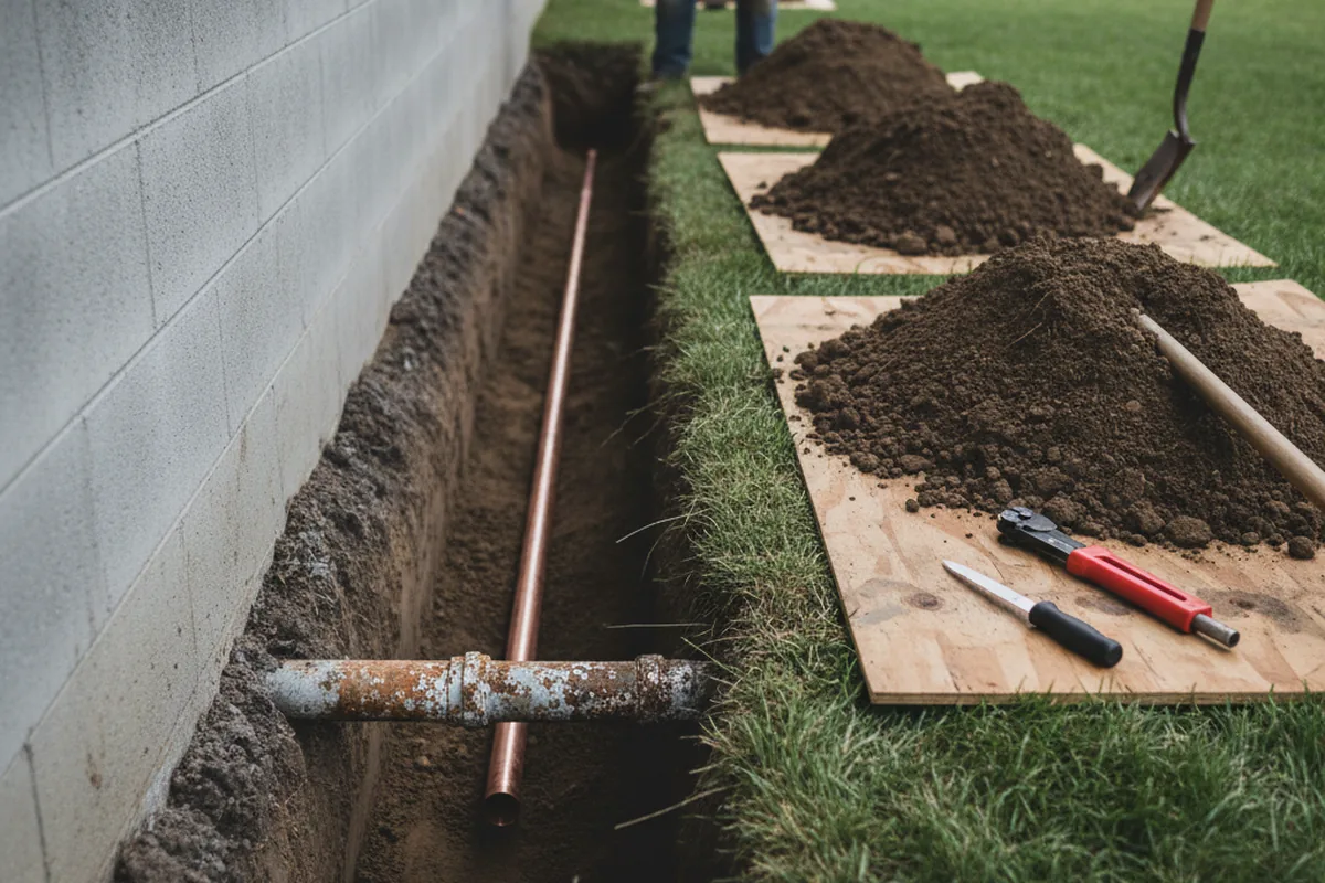 Excavated water line trench during Water Softener Installation in Saint Paris